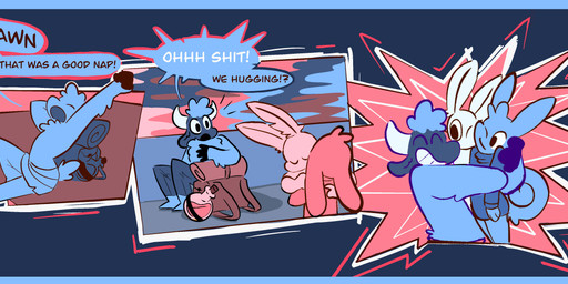 anthro blue_border border carrying_another dialogue female group group_hug hug hugging_another male open_mouth profanity stretching text waking_up yawn vanilla_candy unicorn_blood_(comic) bean_(vanilla_candy) saffron_(unicorn_blood) tulip_(unicorn_blood) arthropod bovid caprine hybrid insect lagomorph lepidopteran mammal moth sheep absurd_res comic english_text hi_res restricted_palette
