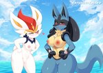 anthro areola big_breasts blue_body blush breast_size_difference breasts day duo female genitals looking_at_viewer medium_breasts nipples nude one_eye_closed outside pink_areola pink_nipples pussy thick_thighs white_body wide_hips byghosteduard nintendo pokemon cinderace generation_4_pokemon generation_8_pokemon lucario pokemon_(species) absurd_res censored hi_res