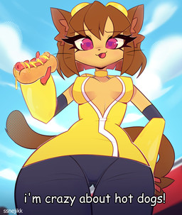 anthro biped brown_body brown_fur brown_hair clothing cloud eyewear eyewear_on_head female female_anthro food fur goggles goggles_on_head hair holding_hot_dog hot_dog looking_at_viewer looking_down looking_down_at_viewer low-angle_view magenta_eyes mustard nipple_outline pear-shaped_figure sky smile smiling_at_viewer solo talking_to_viewer text tight_clothing whiskers wide_hips ssnejikk gameoverse glitch_productions kit_bodega domestic_cat felid feline felis mammal 2026 digital_media_(artwork) english_text hi_res