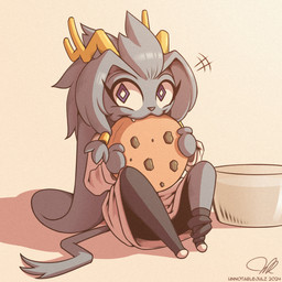 accessory alternate_costume anthro antlers black_clothing black_legwear black_stockings chibi clothing container cookie diamond_eyes eating eyelashes female floppy_ears food fur glass glass_container glass_of_milk grey_body grey_fur grey_hair hair hair_accessory hair_ring horn legwear light looking_aside lop_ears milk milk_container purple_eyes shadow simple_background sitting solo stockings sweater tail tan_background text topwear white_clothing white_sweater white_topwear yellow_horn unnotablejulz pseudoregalia sybil_(pseudoregalia) bovid caprine goat jackalope lagomorph mammal 1:1 2024 artist_name dated hi_res lighting signature