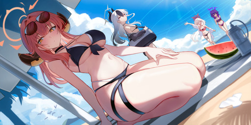 bare_shoulders beach beach_umbrella big_breasts blush bodily_fluids breasts cloud detailed_background eyewear eyewear_on_head female food fruit gesture hair hair_between_eyes halo holding_bag horn kneeling long_hair melon navel outside parasol plant purple_hair red_hair seiza sitting sky small_breasts sunglasses sunglasses_on_head sweat thigh_strap under_boob waving wearing_sunglasses white_hair yellow_eyes li_s03 blue_archive nexon aru_rikuhachima haruka_(blue_archive) kayoko_(blue_archive) mutsuki_(blue_archive) ambient_bird demon demon_humanoid horned_humanoid humanoid 2:1 absurd_res hi_res