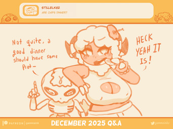 2_horns accessory anthro big_breasts blush blush_stickers bone bottomwear bracelet breasts chips_(food) cleavage cleavage_cutout clothed clothing curled_horn cutout dialogue duo eyebrow_through_hair eyebrows eyelashes female fingers flower flower_in_hair food front_view gesture hair hair_accessory hand_gesture holding_food holding_object holding_potato_chip horn jewelry looking_at_viewer nipple_outline open_mouth plant potato_chips q&a raised_finger raised_index_finger simple_background skeleton text topwear translucent translucent_hair gammainks flor_(gammainks) gamma_(gammainks) animated_skeleton bovid caprine mammal sheep undead 2025 absurd_res artist_name digital_media_(artwork) english_text hi_res monochrome orange_monochrome