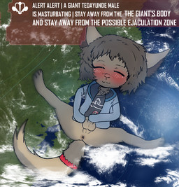 3_toes accessory anthro anus balls big_ears big_tail blue_clothing blush bodily_fluids bottomless brown_body brown_fur brown_hair clothed clothing cloud ear_tuft eyes_closed feet fur furgonomics genital_fluids genitals giga hair hand_on_penis handjob jewelry landscape_dwarfing macro male masturbation penile penis precum ring sex shortstack shortstack_male solo space tail tail_accessory tail_jewelry tail_ring text toes tuft teruni-inamor sprawnklaltrest alien tedayunde english_text