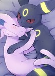 ambiguous_gender bed black_body duo entwined_tails eyes_closed feral forked_tail fur furniture happy hug looking_at_viewer lying on_bed on_side paws purple_body purple_fur red_eyes tail tail_coil unusual_anatomy unusual_tail mu64mu4 nintendo pokemon eeveelution espeon generation_2_pokemon pokemon_(species) umbreon 2024