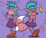 4_fingers anthro blue_hair clothed clothing eyelashes female fingers footwear hair headgear laugh pink_body raised_tail shoes solo tail toony blackmore nickelodeon rocko's_modern_life sheila_(rocko's_modern_life) canid canine fox mammal 2024 hi_res