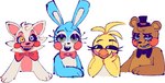 anthro beak blue_body blue_eyes brown_body chibi female green_eyes hair half-closed_eyes hand_on_face happy lipstick makeup male narrowed_eyes pink_body pink_cheeks red_cheeks smile white_body yellow_body yellow_eyes seagiri five_nights_at_freddy's five_nights_at_freddy's_2 scottgames mangle_(fnaf) toy_bonnie_(fnaf) toy_chica_(fnaf) toy_freddy_(fnaf) avian bear bird canid canine chicken fox galliform gallus_(genus) lagomorph leporid mammal phasianid rabbit 2022 hi_res