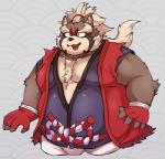 anthro belly bottomwear brown_body brown_fur bulge clothing fur humanoid_hands male overweight overweight_anthro overweight_male robe shorts solo aretna lifewonders tokyo_afterschool_summoners goemon_(tas) canid canine mammal raccoon_dog tanuki 2019 hi_res