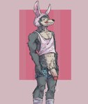 anthro balls beastars belt big_penis biped blush blush_lines bodily_fluids bottomwear bottomwear_down bunny_costume canid canine canis chest_tuft clothed clothing costume crop_top crotch_tuft cutoffs denim denim_bottomwear denim_clothing digital_media_(artwork) dripping easter fake_ears fake_rabbit_ears fingers footwear fur genital_fluids genitals grey_body grey_fur grey_tail hi_res holidays hood humanoid_genitalia leaking_precum legoshi_(beastars) legwear licking licking_lips licking_own_lips looking_at_viewer male mammal midriff motion_lines multicolored_body navel pants pants_down partially_clothed penis precum precum_drip precum_string presenting presenting_balls presenting_penis pubes raised_clothing raised_shirt raised_tank_top raised_topwear scar shirt shorts simple_background smile smiling_at_viewer socks solo spicyfish157 stockings tail tan_body tan_fur tank_top teeth thick_penis tongue tongue_out topwear tuft underwear underwear_down wolf