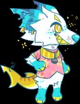 anthro bell bell_collar blonde_eyebrows blue_body blue_fur blue_inner_ear blue_nose bottomless chibi clothed clothing collar ear_piercing eyebrows featureless_crotch feet fin fin_piercing fish_hook fish_hook_piercing floral_shirt fur furgonomics furry-specific_piercing grin hand_on_hip hand_on_own_hip handpaw hindpaw hook male markings notched_ear paws piercing pink_clothing pink_shirt pink_topwear plantigrade sharp_teeth shirt simple_background smile snout solo sparkles striped_inner_ear tail tail_fin teeth topwear transparent_background whisker_spots white_body white_fur yellow_collar yellow_eyes yellow_markings yellow_tail yellow_teeth jaspering animal_crossing nintendo rooney_(jaspering) canid canine canis crocodile crocodilian fish hybrid mammal marine reptile scalie shark wolf 2020 alpha_channel digital_drawing_(artwork) digital_media_(artwork) flat_colors full-length_portrait portrait trans_(lore) trans_man_(lore)