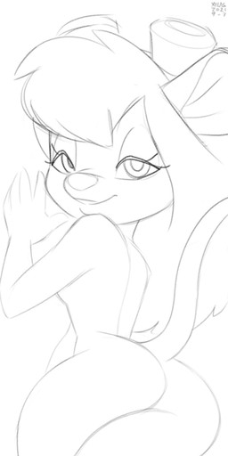 anthro bedroom_eyes butt female looking_at_viewer narrowed_eyes nude seductive simple_background smile solo tail white_background xylas chip_'n_dale_rescue_rangers disney gadget_hackwrench mammal mouse murid murine rodent 1:2 hi_res monochrome sketch