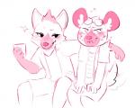 anthro blush bodily_fluids clothed clothing duo eyewear fur glasses looking_away male shy simple_background smile sweat bigfrogs aggretsuko sanrio haida_(aggretsuko) ookami_(aggretsuko) canid canine hyena mammal maned_wolf spotted_hyena 5:4 digital_media_(artwork)