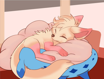 69_position ambiguous_gender blue_body bright clothing curled_up duo eyes_closed feral fur hidden_face hug hugging_object hugging_pillow latex latex_clothing latex_legwear latex_stockings legwear oral pillow pink_latex relaxing sex sleeping stockings tan_body tan_fur window ayapup palworld pocketpair canid canine chillet fox mammal pal_(species) true_fox absurd_res cel_shading clip_studio_paint_(artwork) colored digital_media_(artwork) flat_colors hi_res shaded female_(lore) trans_(lore) trans_woman_(lore)