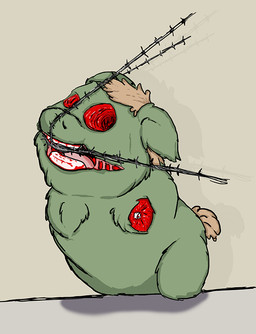 3_missing_limbs abuse ambiguous_gender blood blood_in_mouth bodily_fluids bound brown_hair brown_tail chest_tuft cross_section dismemberment empty_eye_sockets exposed_muscle feral fur goo-connected_lips gore green_body green_fur hair missing_all_legs missing_limb monotone_body monotone_fur open_mouth simple_background solo suffering tail teeth tuft wetfluff fluffy_pony fluffy_pony_(species) mammal cel_shading digital_media_(artwork) english_description shaded