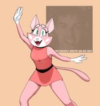 anthro belt clothing collar dancing dress eyebrows female fur green_eyes looking_at_viewer pink_body pink_ears pink_fur pink_tail simple_background solo tail text white_eyebrows white_hands white_nose hitsuji nae_nae_dance super_planet_dolan matpat shima_luan domestic_cat felid feline felis mammal english_text hi_res