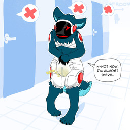 4_toes ambiguous_gender anthro bathroom black_claws blue_body blue_fur blue_inner_ear blue_tail bodily_fluids claws clothed clothing dialogue diaper diaper_only digitigrade door door_handle ellipsis feet finger_claws fur genital_fluids hand_on_diaper machine multicolored_body narrowed_eyes omorashi protogen_visor public_restroom solo sound_effects speech_bubble standing tail text toe_claws toes topless touching_diaper unclean_diaper urine used_diaper using_diaper vowelless vowelless_sound_effect wavy_mouth wearing_diaper wet_diaper wetness_indicator wetting wetting_diaper white_body white_diaper kaaski heinrich_(owlloverhoot) protogen 1:1 english_text full-length_portrait hi_res portrait