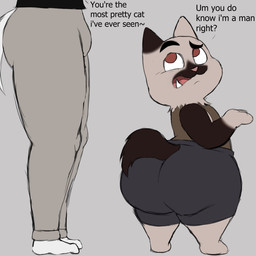 anthro big_butt black_bottomwear black_clothing black_shorts black_topwear bottomwear brown_body brown_bottomwear brown_clothing brown_ears brown_eyes brown_fur brown_pants brown_tail brown_topwear brown_vest bulge butt clothed clothing duo eyebrows fangs fur looking_at_another looking_back male male/male mismatched_ears multicolored_body multicolored_fur pants pink_nose raised_eyebrow rear_view sharp_teeth shorts shortstack shortstack_male standing tail teeth text thick_thighs three-quarter_view tongue topwear two_tone_body two_tone_fur vest white_tail colossalstars canid canine canis domestic_cat domestic_dog felid feline felis mammal 2025 digital_media_(artwork) english_text hi_res