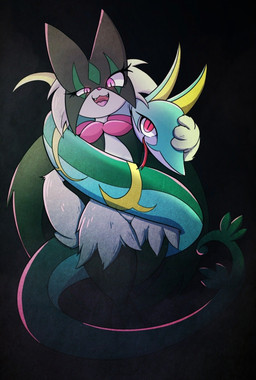 anthro cat_smile cute_fangs duo eyelashes fangs female feral flower_(anatomy) fur green_body green_fur green_scales mask open_mouth pink_eyes pink_nose red_eyes scales teeth tongue tongue_out yellow_body yellow_scales nemomo_san nintendo pokemon generation_5_pokemon generation_9_pokemon meowscarada pokemon_(species) serperior hi_res