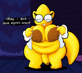 anthro areola belly big_areola big_belly big_breasts big_penis bottomless bottomless_gynomorph bottomless_intersex breasts brown_areola brown_nipples buckteeth clothed clothing coat dark_areola dialogue erection exhibitionism eyelashes eyewear foreskin genitals glasses gynomorph huge_areola huge_breasts humanoid_genitalia humanoid_penis intersex knock-kneed lab_coat looking_away mostly_nude navel nerd nipples obese obese_anthro obese_gynomorph obese_intersex oblivious overweight overweight_anthro overweight_gynomorph overweight_intersex penis scales solo solo_focus speech_bubble tail talking_to_viewer teeth text topwear undressing waterfall wearing_glasses yellow_body yellow_breasts yellow_penis pincoosh undertale undertale_(series) alphys ferry_(undertale) lizard reptile scalie absurd_res digital_media_(artwork) english_text hi_res signature