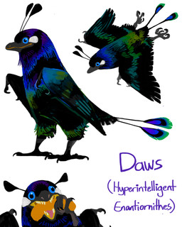 2_fingers 4_toes ambiguous_gender antennae_(anatomy) beak biped bipedal_feral black_beak black_body black_feathers blue_body blue_eyes blue_feathers claws eating feathered_wings feathers feet feral finger_claws fingers flying green_body green_feathers holding_object_with_feet looking_at_viewer multicolored_body multicolored_feathers pink_tongue prehensile_feet sharp_teeth simple_background speculative_evolution standing talons teeth text toe_claws toes tongue toothed_beak white_background wings yellow_insides zygodactyl dimetrodone the_aviary arthropod avian bird daw_(the_aviary) enantiornithine grub_(insect) insect larva prehistoric_species 4:5 absurd_res english_text hi_res multiple_images species_name