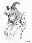 anthro clothed clothing eyelashes femboy gesture hand_gesture horn looking_at_viewer one_eye_closed pecs topless v_sign victory wink winking_at_viewer kotia bovid caprine goat mammal 3:4 hi_res monochrome portrait