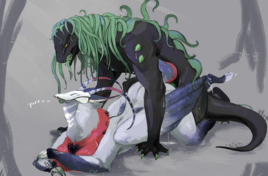 anthro bodily_fluids bone breasts claws cum cum_drip doggystyle dripping duo female folded_wings from_behind_position genital_fluids horn long_tongue male male/female pseudo_hair sex short_tail skull skull_head spikes tail tentacle_grab tentacle_hair tentacles tongue wings tsunekitsune avian monster scalie
