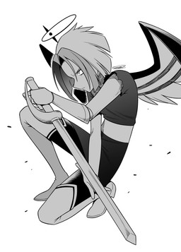female halo holding_melee_weapon holding_object holding_sword holding_weapon melee_weapon not_furry prosthetic prosthetic_arm prosthetic_limb simple_background solo sword weapon white_background enaic31 hazbin_hotel hellaverse lute_(hazbin_hotel) angel angel_humanoid humanoid absurd_res hi_res monochrome