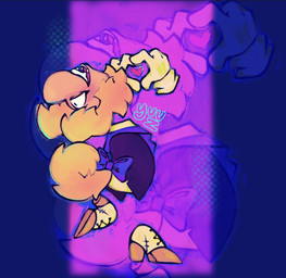 4_fingers bangs big_nose black_eyes blonde_hair blue_background blue_bow boots clothed clothed_humanoid clothed_male clothing fangs fingers floating_hands floating_head floating_torso fluffy fluffy_tail footwear gesture gloves hair handwear heart_gesture heart_symbol high_heeled_boots high_heels light looking_back male male_humanoid not_furry on_one_leg open_mouth open_smile purple_clothing purple_suit purple_tongue shoes simple_background smile solo standing suit tail tan_body tan_skin teeth text tongue white_clothing white_footwear white_gloves white_handwear white_high_heeled_boots yellow_tail sillyhog captain_laserhawk:_a_blood_dragon_remix rayman_(series) ubisoft rayman humanoid raypeople_(rayman) tailed_humanoid 2025 artist_name colored digital_drawing_(artwork) digital_media_(artwork) english_description english_text hi_res lighting