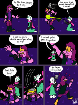2_horns ambiguous_gender anthro attack biped clothed clothed_anthro clothing dialogue duo eyewear fur glasses grass hair horn humor kneeling pink_body pink_hair pink_scales plant scales shovel speech_bubble text tools wearing_glasses white_body white_fur wounded yellow_sclera kama_and_hallie adult_swim cartoon_network deltarune undertale_(series) xavier_renegade_angel ralsei susie_(deltarune) bovid caprine darkner goat mammal reptile scalie 2024 absurd_res comic digital_drawing_(artwork) digital_media_(artwork) english_description english_text hi_res signature female_(lore) male_(lore)
