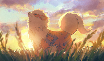 ambiguous_gender cloud eyes_closed feral fluffy fluffy_tail fur grass plant sky solo striped_body stripes sun sunset tail yellow_body yellow_fur 1south3927 nintendo pokemon arcanine canid canine generation_1_pokemon mammal pokemon_(species) 2025 absurd_res hi_res