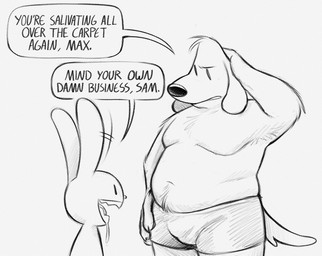 anthro armpit_tuft bodily_fluids bulge clothed clothing dialogue drooling duo fur hand_on_hip long_ears male male/male overweight overweight_anthro overweight_male raised_arm saliva sharp_teeth speech_bubble tail teeth text topless topless_male underwear bunnybuttz sam_and_max max_(sam_and_max) samuel_dog canid canine canis domestic_dog lagomorph leporid mammal rabbit english_text hi_res monochrome