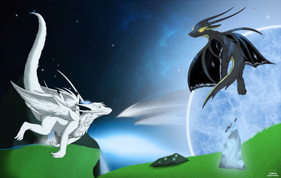 barbel_(anatomy) belly_fluff black_body black_fur black_membrane blue_body blue_fur crystal duo feathered_wings feathers feral flesh_whiskers flying fur glowing glowing_eyes grass hill horn looking_at_another looking_back looking_down looking_up male membrane_(anatomy) membranous_wings plant rock shooting_star space star tail white_body white_fur wings yellow_body yellow_eyes yellow_fur giru_(artist) mythology giru_(giru) dragon furred_dragon furred_scalie mythological_creature mythological_scalie scalie character_request