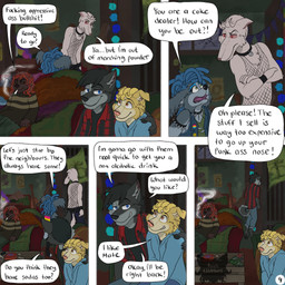 5_panel_comic anthro armband black_body black_hair black_sclera blonde_hair blue_eyes blue_hair bottomwear brown_eyes cheek_tuft cigarette clothing collar crossed_arms dialogue eye_contact eyebrow_piercing eyeshadow facial_piercing facial_tuft fishnet_clothing fishnet_shirt fishnet_topwear flannel_shirt fur green_eyes grey_body grey_fur group hair hand_on_shoulder inside logo looking_at_another makeup male nose_piercing pants piercing pride_color_accessory profanity red_eyes red_hair shirt side_hug sitting smile smiling_at_another smiling_at_each_other smoke smoking smoking_cigarette speech_bubble spiked_armband spiked_collar spikes sweater tail text topwear torn_clothing torn_shirt torn_topwear tuft vest white_body white_fur white_hair yellow_body yellow_eyes yellow_fur kriek_wildebeest jack_(kriek_wildebeest) jeremy_(kriek_wildebeest) parker_(kriek_wildebeest) ravi_(kriek_wildebeest) tom_(kriek_wildebeest) bird_dog border_collie borzoi canid canine canis cavalier_king_charles_spaniel collie domestic_dog herding_dog hunting_dog husky hybrid mammal nordic_sled_dog pastoral_dog portuguese_water_dog sheepdog sighthound spaniel spitz toy_dog wolf 1:1 artist_logo comic digital_drawing_(artwork) digital_media_(artwork) english_text hi_res multiple_scenes nonbinary_(lore)