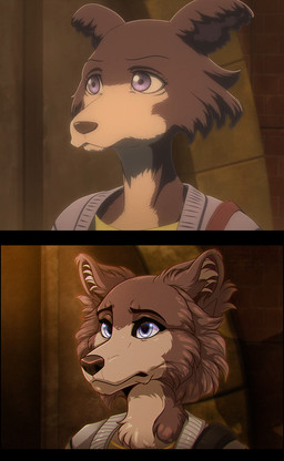 anthro blue_eyes cheek_tuft clothed clothing detailed_background facial_tuft female inner_ear_fluff purple_eyes screencap solo tuft scarlingragdoll666 beastars juno_(beastars) canid canine canis mammal wolf 2022 hi_res redraw reference_image watermark