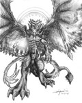 anthro aureola claws feathered_wings feathers glowing halo horn magic_user male solo spikes tail wings poisonmaster mythology dragon mythological_creature mythological_scalie scalie 2008 hi_res monochrome