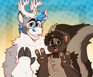anthro antlers black_eyebrows blue_hair brown_body brown_fur brown_hair double_v_sign duo eyebrow_through_hair eyebrows eyewear fangs fingers fur gesture glasses green_eyes green_hair grey_body grey_eyes grey_fur grey_hooves grin hair hand_gesture hooved_fingers hooves horn looking_at_viewer male male/male multicolored_hair open_mouth open_smile pawpads pink_inner_ear pink_pawpads pink_tongue round_glasses short_hair smile smiling_at_viewer snout tail teeth thick_eyebrows tongue translucent translucent_hair two_tone_hair v_sign wearing_glasses whisker_spots white_antlers white_body white_fur crownedvictory wix_(skunkwix) deer mammal mephitid new_world_deer reindeer skunk striped_skunk 2026 bust_portrait digital_drawing_(artwork) digital_media_(artwork) hi_res portrait