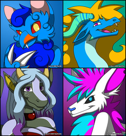 anthro beak blonde_hair blue_body blue_eyes blue_fur blue_scales collar curled_fur ear_piercing ear_ring feet female freckles fur group hair horn long_ears long_muzzle male multicolored_hair piercing pink_eyes purple_eyes purple_hair ring_piercing scales solo talons teeth toes two_tone_hair white_body white_fur yellow_eyes verona7881 mythology tatum avian canid canine canis dragon gryphon jackal mammal mythological_avian mythological_creature mythological_scalie scalie bust_portrait portrait