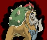 anthro balls biceps big_muscles black_hair clothing duo fur genitals grope hair horn looking_at_viewer looking_back male male/male muscular muscular_male nude paws simple_background size_difference spikes tail white_body hamsterinboxers mario_bros nintendo bowser langdon_marston canid canine canis domestic_dog husky koopa mammal nordic_sled_dog scalie spitz