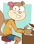 2022 alternate_costume beverage clothing female flat_chested hi_res holding_beverage holding_object looking_at_viewer mammal nickelodeon rodent sandy_cheeks sciurid simple_background sitting solo spongebob_squarepants sweater topwear tree_squirrel vsdrawfag