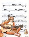 acoustic_guitar anthro black_nose brown_body brown_claws brown_fur cheek_tuft claws facial_tuft fur glistening glistening_eyes green_eyes guitar male musical_instrument nude orange_body orange_fur pawpads playing_guitar playing_music plucked_string_instrument red_pawpads sheet_music sitting smile solo string_instrument tan_body tan_fur text tuft akatan_art canid canine fox mammal 2023 dated english_text full-length_portrait hi_res portrait signature traditional_media_(artwork)