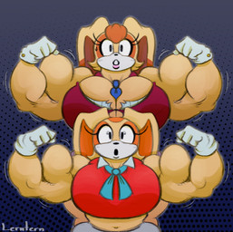 age_difference anthro big_breasts black_eyes black_nose blue_background blue_cravat bodily_fluids bottomwear breasts brown_ears brown_hair cleavage cleavage_overflow clothed clothing countershading cravat dotted_background duo eye_markings eyelashes female female_anthro fist flexing fur gloves hair handwear huge_breasts lips long_ears long_eyelashes markings mature_anthro mature_female multicolored_body multicolored_fur muscular muscular_anthro muscular_female navel older_anthro older_female open_mouth orange_body orange_clothing orange_ears orange_fur orange_topwear pattern_background pink_lips purple_clothing purple_topwear short_hair simple_background sweat sweatdrop tan_body tan_ears tan_fur text thick_bottom_lip topwear torn_clothing white_body white_bottomwear white_clothing white_countershading white_fur white_gloves white_handwear younger_anthro younger_female lerntern sega sonic_the_hedgehog_(series) cream_the_rabbit vanilla_the_rabbit lagomorph leporid mammal rabbit artist_name hi_res signature daughter_(lore) mother_(lore) mother_and_child_(lore) mother_and_daughter_(lore) parent_(lore) parent_and_child_(lore) parent_and_daughter_(lore)
