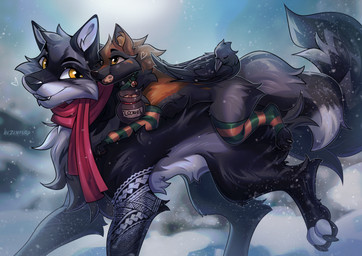ambiguous_gender beak claws clothed clothed_ambiguous clothed_feral clothing feathers feet feral fur group outside pawpads paws scarf side_view sleeping smile snow snowing tail toes trio wings winter tlt_echelon avian bird canid canine canis fox mammal wolf 2026 digital_drawing_(artwork) digital_media_(artwork) hi_res female_(lore) male_(lore)
