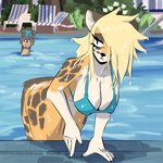 anthro bikini biped black_nose blonde_hair bottomless breasts brown_body brown_fur brown_spots cleavage clothed clothing detailed_background duo female frown fur grey_body grey_fur hair male multicolored_body multicolored_fur partially_submerged spots swimwear two-piece_swimsuit underwear white_body white_fur yellow_body yellow_fur capaoculta alma_(capaoculta) cheetah felid feline mammal absurd_res hi_res