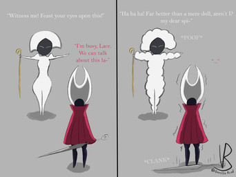 anthro cloak cloak_only clothing dialogue dropping_weapon duo female female/female fluffy melee_weapon shaking simple_background sword t-pose t-pose_for_dominance text trembling weapon vanilla_road hollow_knight:_silksong hollow_knight_(franchise) team_cherry hornet_(hollow_knight) lace_(hollow_knight:_silksong) arachnid arthropod insect spider worm comic english_text hi_res