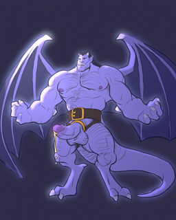 accessory anthro arms_wide_open balls biceps big_balls big_penis black_background black_hair bodily_fluids bottomwear clothing cock_ring cum erection flexing genital_fluids genitals glans hair jewelry loincloth long_hair looking_at_viewer male membrane_(anatomy) membranous_wings muscular muscular_anthro muscular_male nipples pecs penis penis_accessory penis_jewelry purple_body simple_background white_background wings rickleone disney gargoyles goliath_(gargoyles) gargoyle 4:5 hi_res