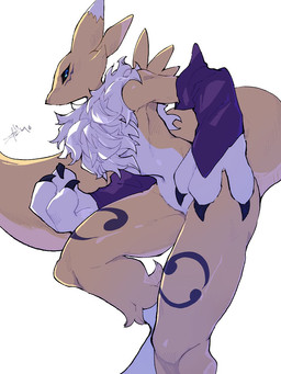 3_fingers ambiguous_gender anthro big_tail black_markings blue_eyes claws double_tomoe fingers hand_on_hip looking_at_viewer mane markings one_leg_up raised_leg side_view simple_background snout solo standing tail tomoe_(symbol) white_background white_mane yellow_body kokokokokodari bandai_namco digimon canid digimon_(species) mammal renamon 3:4 digital_drawing_(artwork) digital_media_(artwork) full-length_portrait hi_res portrait signature