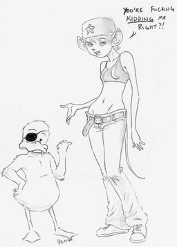 anthro clothing duo eye_patch eyewear female hat headgear headwear profanity star tail text denike wednesday_&_co. robyn_(denike) wednesday_(sublimate) anatid anseriform avian bird duck house_mouse mammal mouse murid murine rodent black_and_white english_text hi_res line_art monochrome source_request