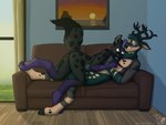 2_toes 4_toes 5_fingers anthro antlers barbell_piercing black_antlers black_body black_eyebrows black_fur black_horn black_inner_ear black_nose blue_wall brown_eye casual_nudity cheek_markings countershade_face countershade_torso countershading cuddling curtains detailed_background dipstick_tail duo ear_piercing ears_down eye_contact eyebrows facial_hair facial_markings feet fingers floor fur furniture gesture gloves_(marking) grass green_body green_fur grey_body grey_fur hair half-closed_eyes hand_gesture head_markings hooves horn hug inside leg_markings logo looking_at_another lying male male/male markings multicolored_body muzzle_(marking) narrowed_eyes on_another on_back on_front on_sofa picture_frame piercing pivoted_ears plant pointing purple_body purple_eyes purple_fur purple_hair purple_nose raised_leg raised_tail snout snout_markings socks_(marking) sofa soul_patch spots spotted_markings striped_markings stripes tail tail_markings tan_body tan_fur tan_inner_ear toes whisker_markings window wood wood_floor sammfeatblueheart graeson deer hyena mammal 2021 4:3 artist_logo shaded signature