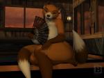 anthro areola big_breasts biped breasts brown_body brown_fur brown_lips brown_nose feet female folding_fan fur green_eyes hindpaw inside lips looking_at_viewer nipples orange_body orange_fur paws sitting smile solo text thick_thighs blx24 canid canine fox mammal 2017 3d_(artwork) 4:3 digital_media_(artwork) english_text hi_res