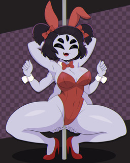 5_eyes 5_fingers 6_arms anthro biped bow_ribbon breasts bunny_costume cleavage clothed clothing costume crouching female fingers footwear hair high_heels multi_arm multi_eye multi_limb open_mouth open_smile pole pose purple_body red_clothing sharp_teeth shoes skimpy smile solo stripper_pole teeth tongue superbage undertale undertale_(series) muffet arachnid arthropod 2025 absurd_res hi_res