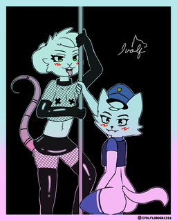 anthro black_eyes black_nose bottomwear clothing collar dancing duo femboy fishnet_clothing fishnet_legwear footwear fur hair hat headgear headwear latex latex_bottomwear latex_clothing latex_legwear latex_skirt legwear male pole pole_dancing police police_hat simple_background skirt socks tail white_body white_fur ivolflobogris boy_kisser_(meme) officer_boykisser_(junoandmaxx) reggie_(whygena) silly_cat_(mauzymice) domestic_cat felid feline felis mammal murid murine rat rodent 2025 4:5 absurd_res digital_drawing_(artwork) digital_media_(artwork) hi_res meme